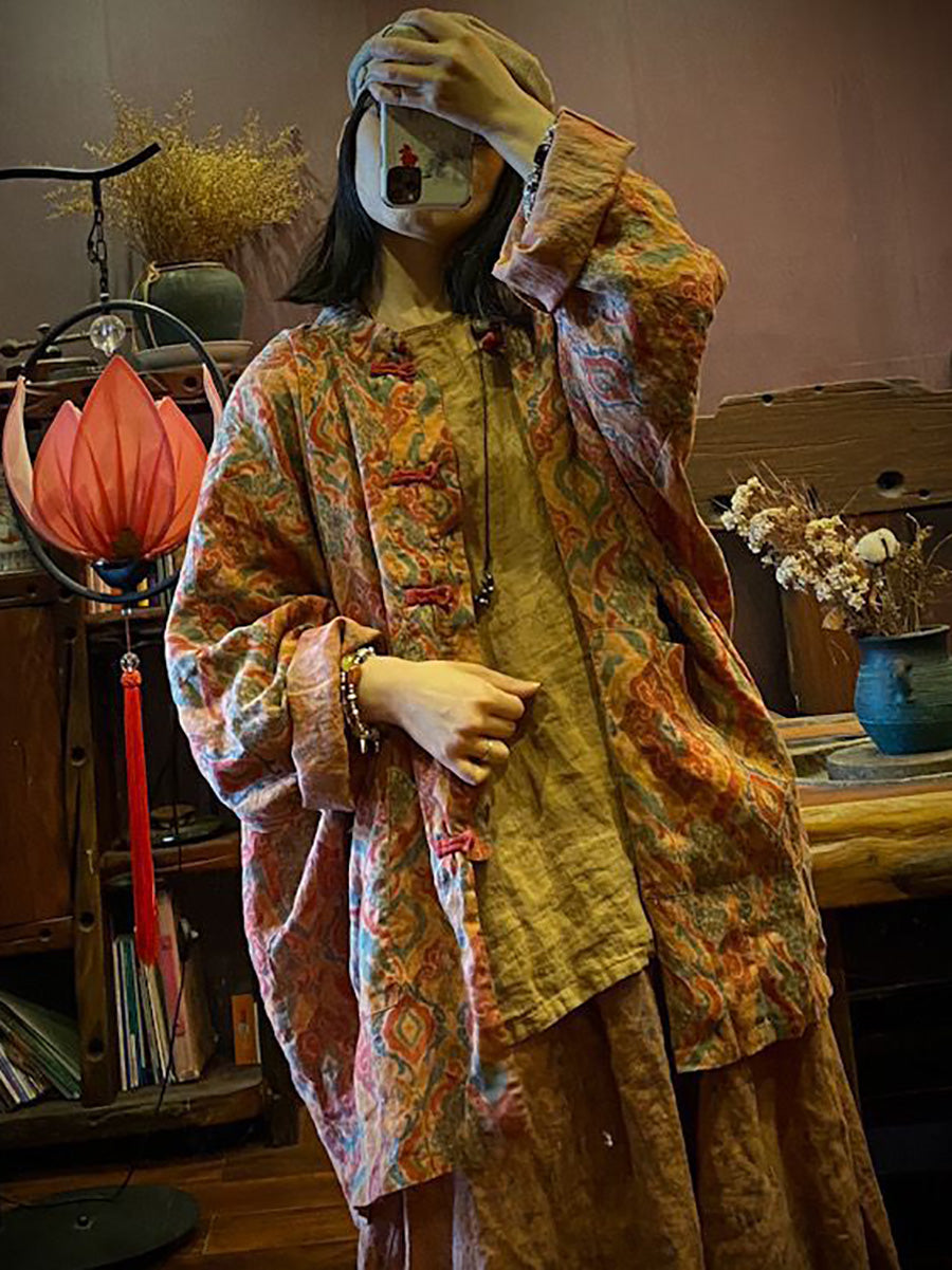 Women Vintage Autumn Print 100%Linen Button-up Coat AH1015 BK