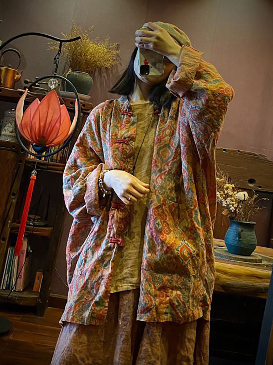 Women Vintage Autumn Print 100%Linen Button-up Coat AH1015 BK