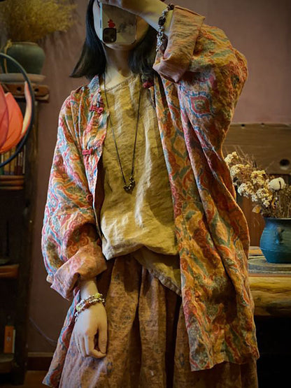 Women Vintage Autumn Print 100%Linen Button-up Coat AH1015 BK