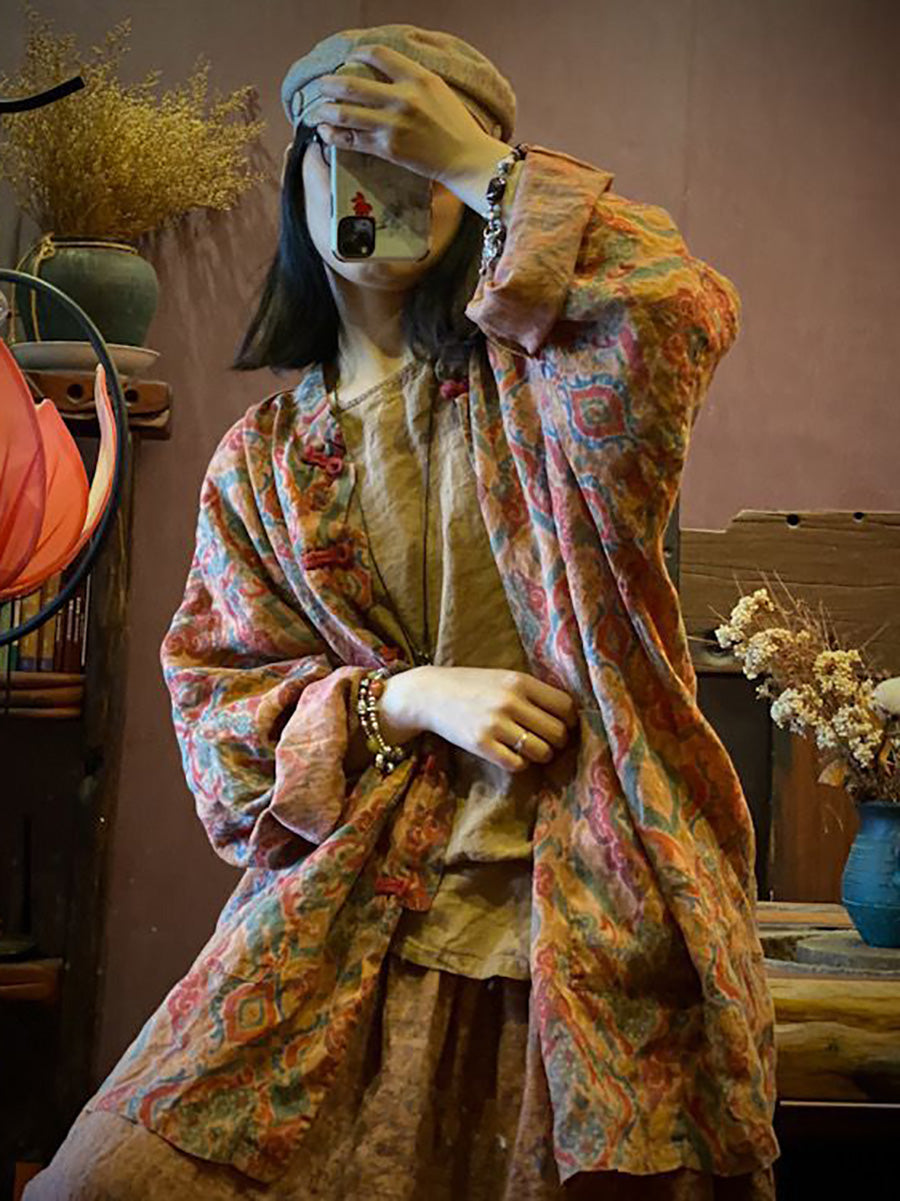 Women Vintage Autumn Print 100%Linen Button-up Coat AH1015 BK