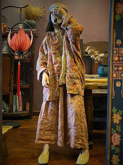 Women Vintage Autumn Print 100%Linen Button-up Coat AH1015 BK