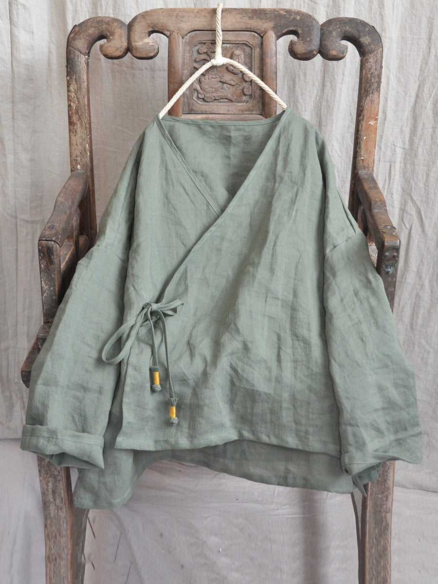 Women Vintage Autumn V-Neck Strap Loose Linen  AK1012 Genistyle Shop