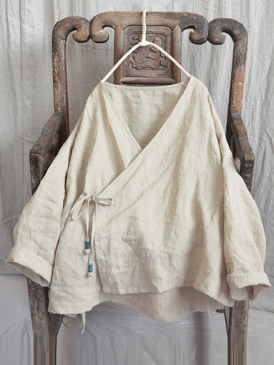 Women Vintage Autumn V-Neck Strap Loose Linen  AK1012 Genistyle Shop