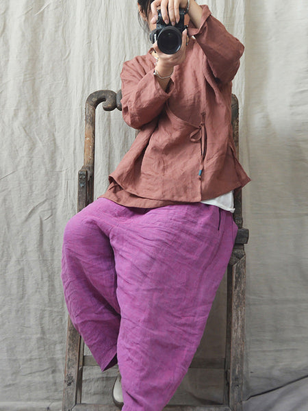 Women Vintage Autumn V-Neck Strap Loose Linen  AK1012 Genistyle Shop