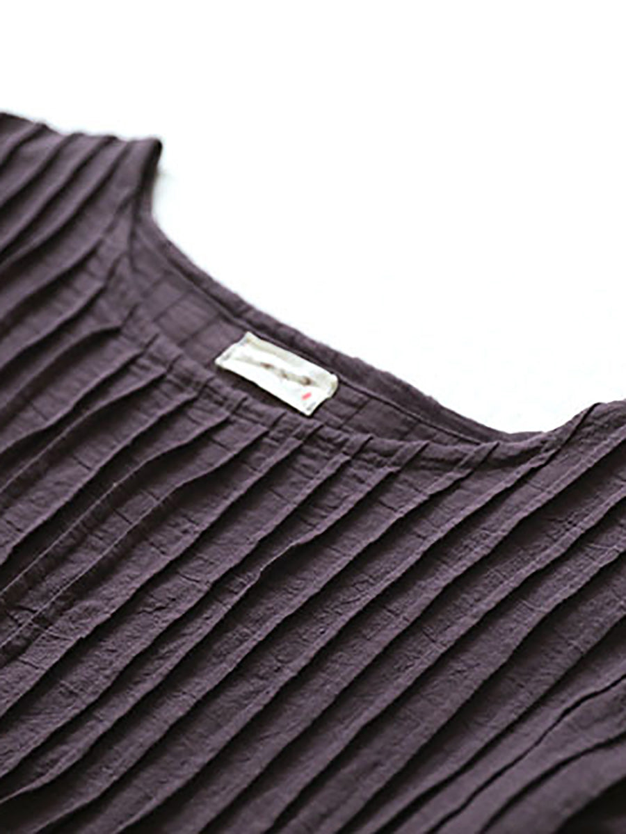 Women Autumn Vintage Shirred Cotton O-Neck Dress AH1006 BK