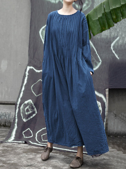 Women Autumn Vintage Shirred Cotton O-Neck Dress AH1006 BK