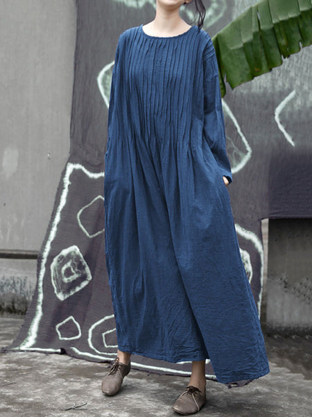 Women Autumn Vintage Shirred Cotton O-Neck Dress AH1006 BK