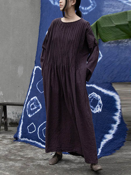 Women Autumn Vintage Shirred Cotton O-Neck Dress AH1006 BK