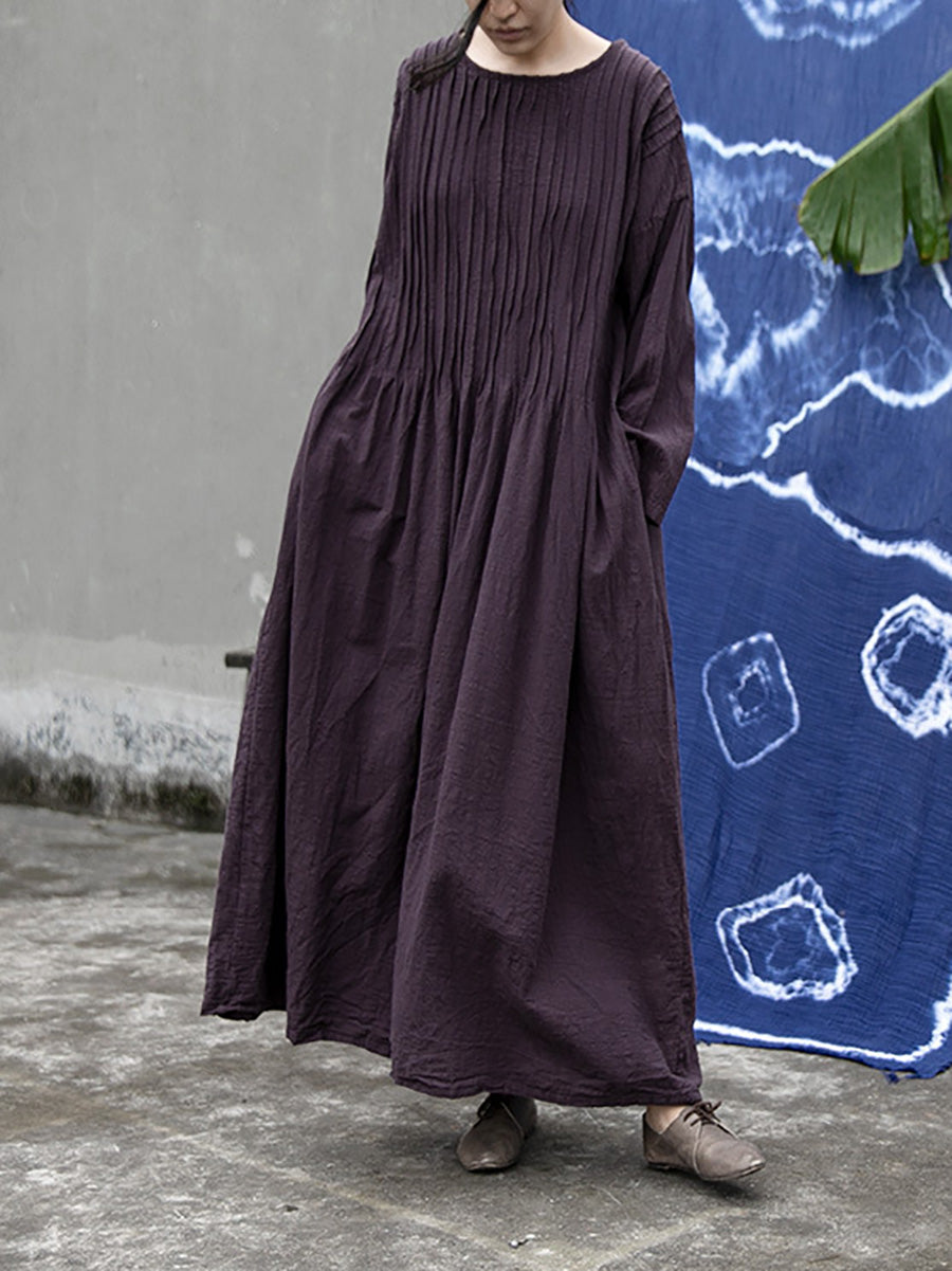 Women Autumn Vintage Shirred Cotton O-Neck Dress AH1006 BK