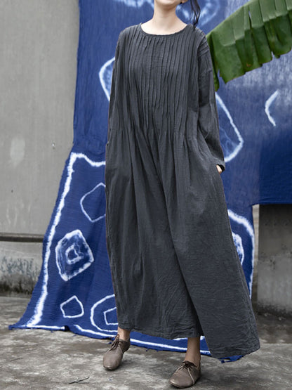 Women Autumn Vintage Shirred Cotton O-Neck Dress AH1006 BK