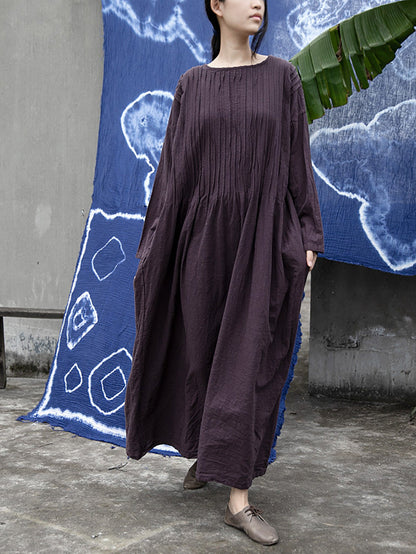 Women Autumn Vintage Shirred Cotton O-Neck Dress AH1006 BK