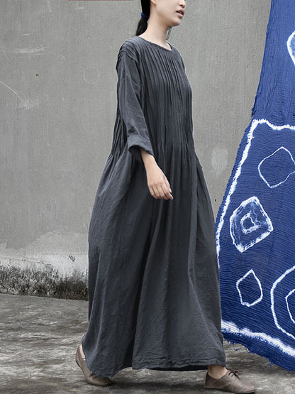 Women Autumn Vintage Shirred Cotton O-Neck Dress AH1006 BK