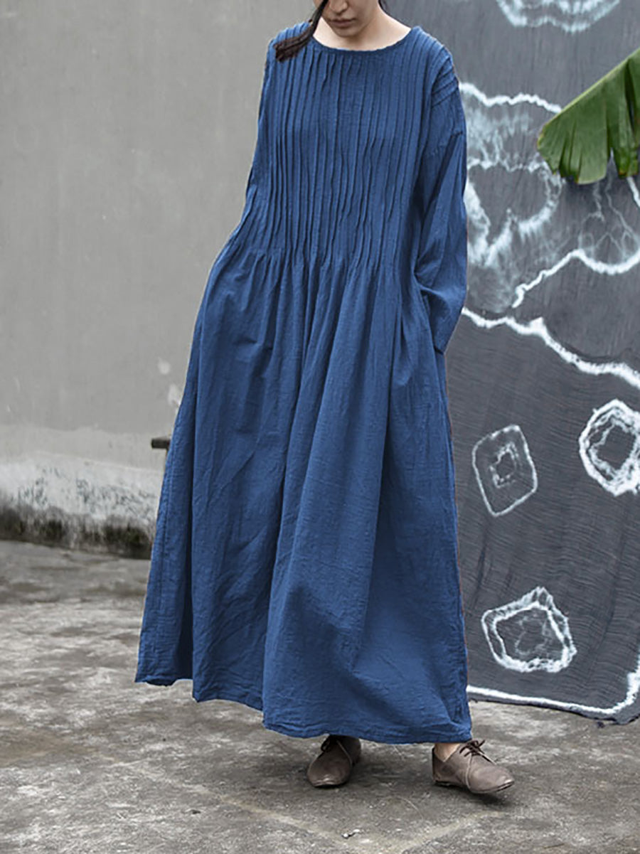 Women Autumn Vintage Shirred Cotton O-Neck Dress AH1006 BK