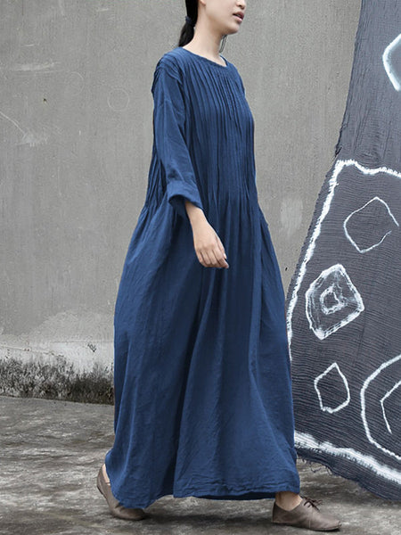 Women Autumn Vintage Shirred Cotton O-Neck Dress AH1006 BK