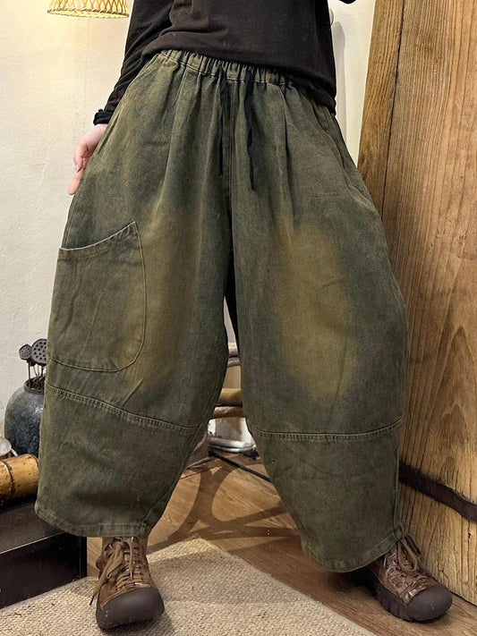 Women Autumn Retro Solid Denim Pocket Harem Pants AH1056 HLCP