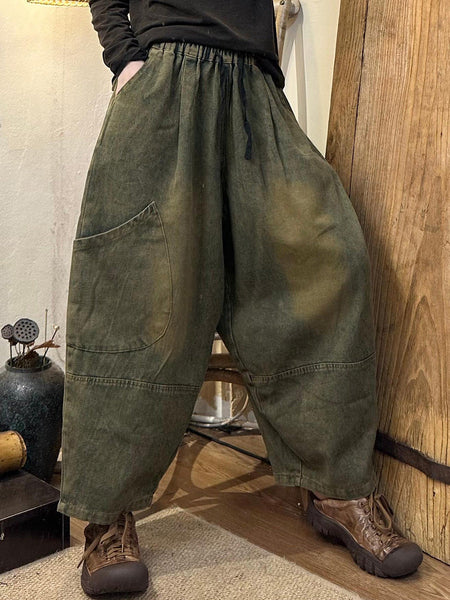 Women Autumn Retro Solid Denim Pocket Harem Pants AH1056 HLCP