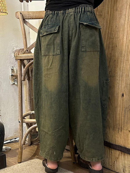 Women Autumn Retro Solid Denim Pocket Harem Pants AH1056 HLCP