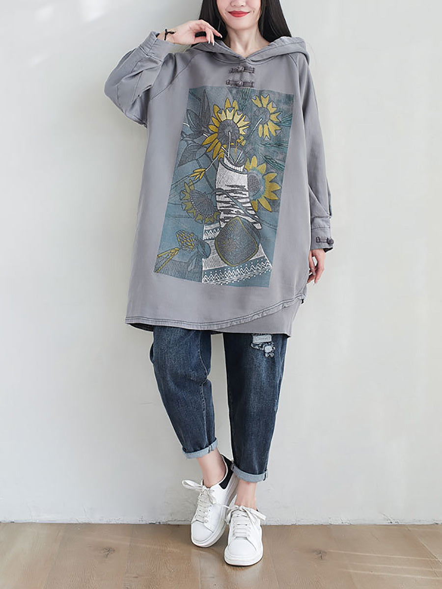 Women Artsy Autumn Sunflower Spliced Hooded Cotton Dress AH1028 BK