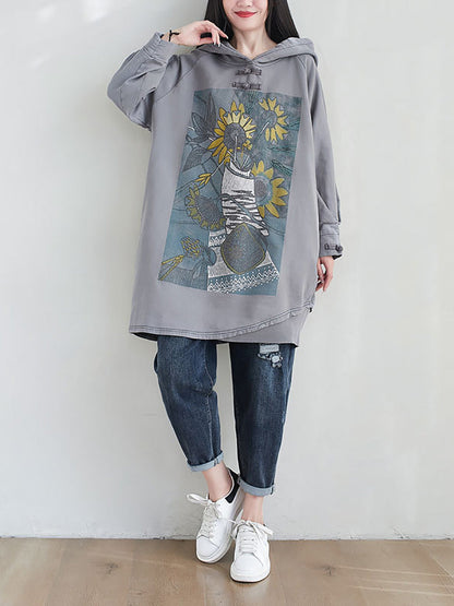 Women Artsy Autumn Sunflower Spliced Hooded Cotton Dress AH1028 BK