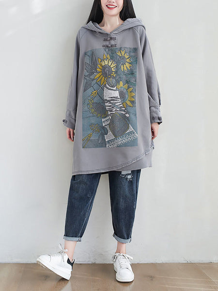 Women Artsy Autumn Sunflower Spliced Hooded Cotton Dress AH1028 BK
