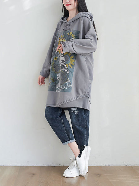 Women Artsy Autumn Sunflower Spliced Hooded Cotton Dress AH1028 BK