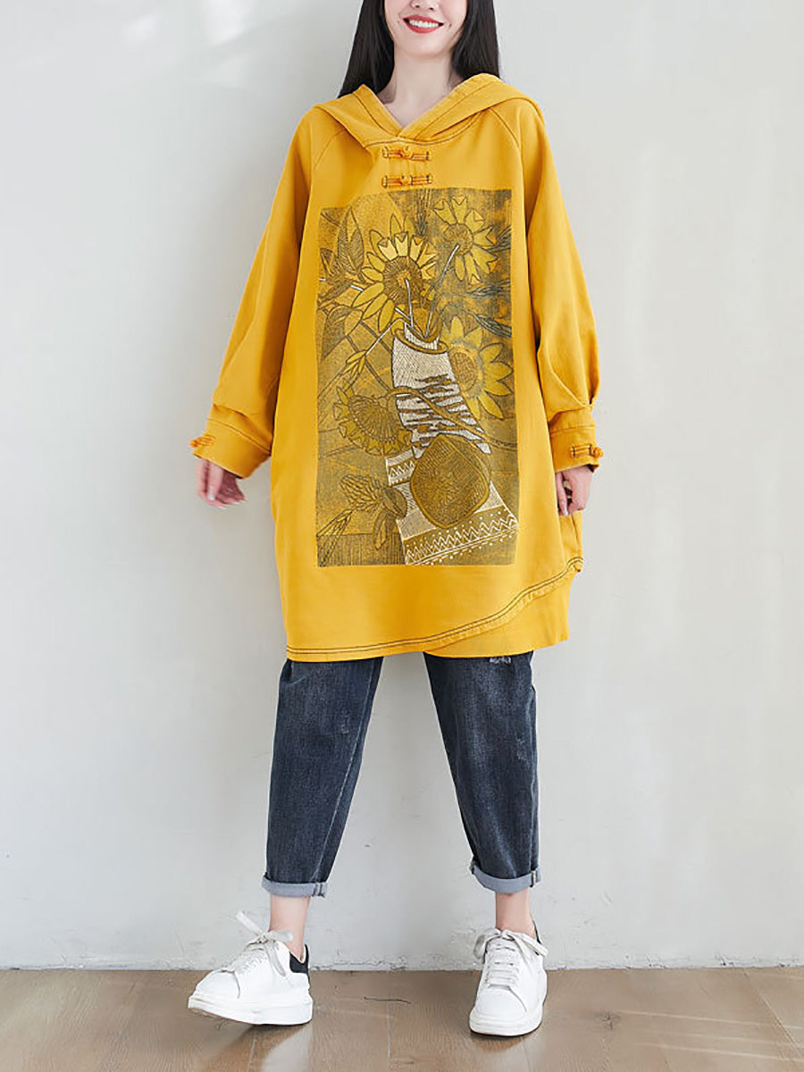 Women Artsy Autumn Sunflower Spliced Hooded Cotton Dress AH1028 BK