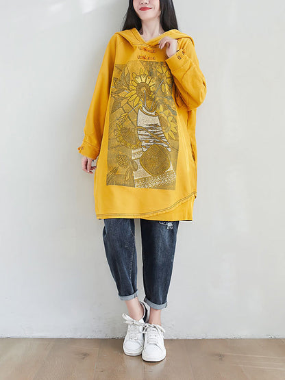 Women Artsy Autumn Sunflower Spliced Hooded Cotton Dress AH1028 BK