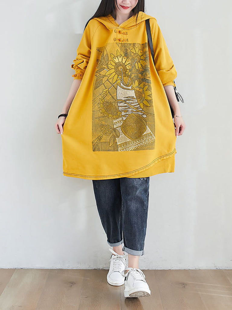 Women Artsy Autumn Sunflower Spliced Hooded Cotton Dress AH1028 BK