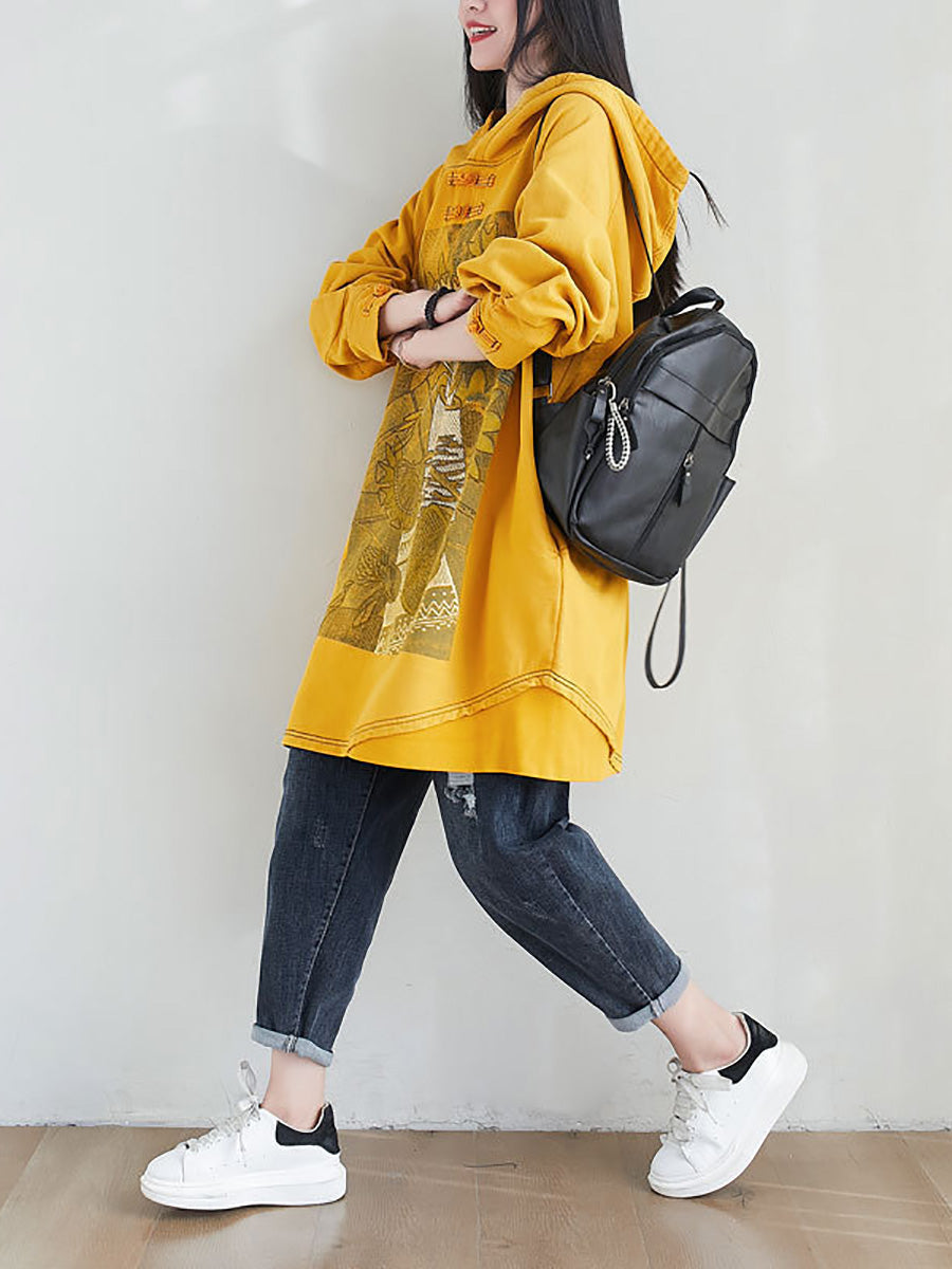 Women Artsy Autumn Sunflower Spliced Hooded Cotton Dress AH1028 BK