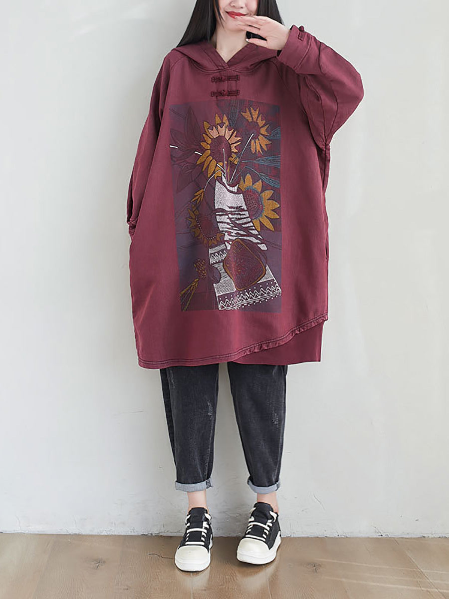 Women Artsy Autumn Sunflower Spliced Hooded Cotton Dress AH1028 BK