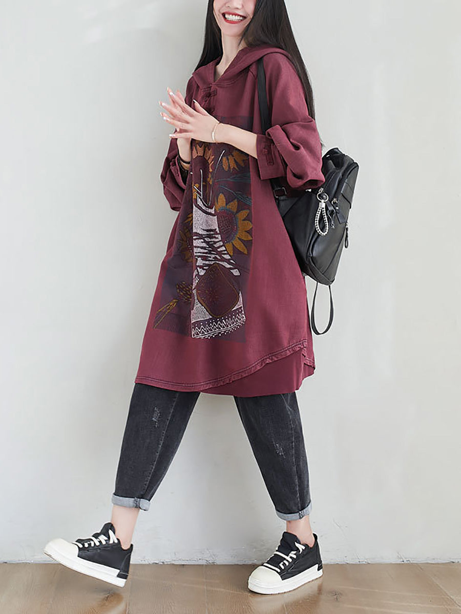 Women Artsy Autumn Sunflower Spliced Hooded Cotton Dress AH1028 BK
