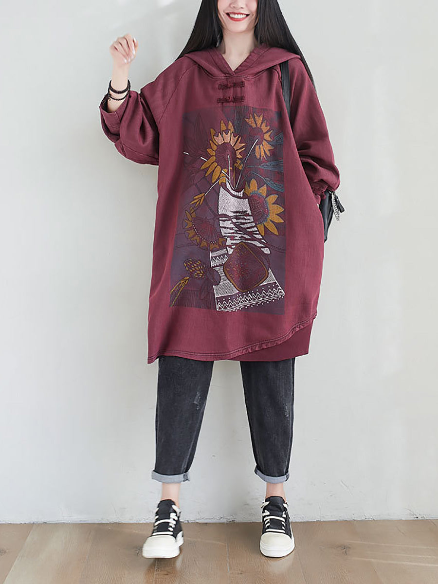 Women Artsy Autumn Sunflower Spliced Hooded Cotton Dress AH1028 BK