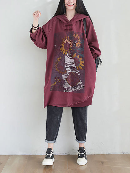 Women Artsy Autumn Sunflower Spliced Hooded Cotton Dress AH1028 BK