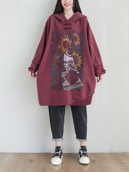 Women Artsy Autumn Sunflower Spliced Hooded Cotton Dress AH1028 BK