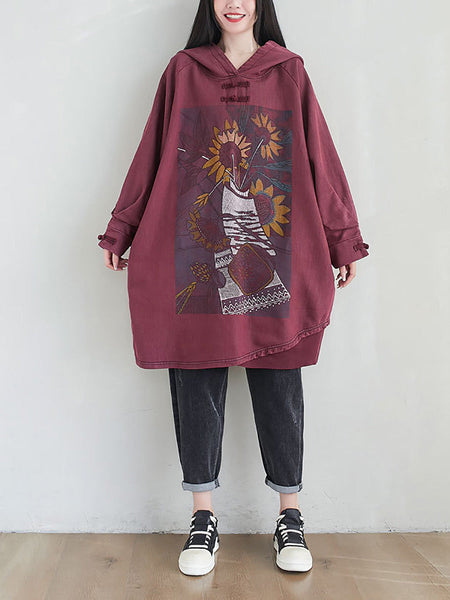 Women Artsy Autumn Sunflower Spliced Hooded Cotton Dress AH1028 BK
