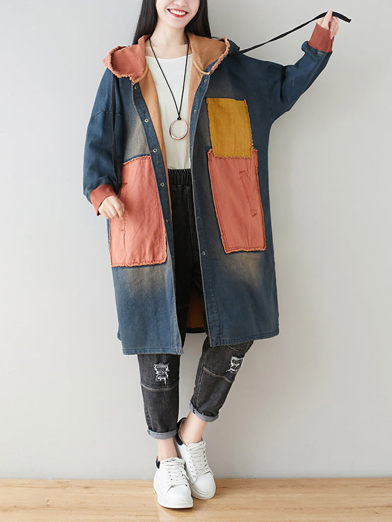 Women Autumn Artsy Colorblock Denim Hooded Coat AH1031 YTLSFZ