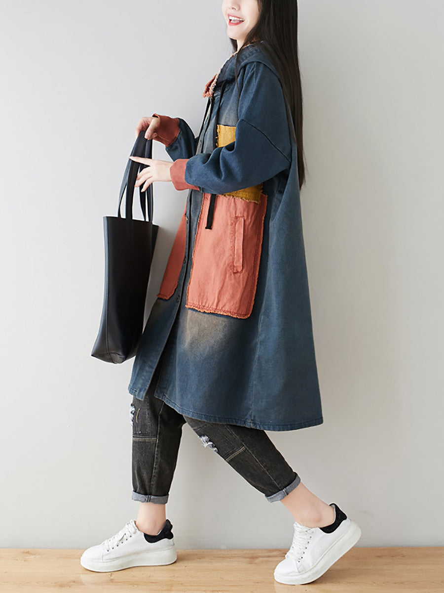 Women Autumn Artsy Colorblock Denim Hooded Coat AH1031 YTLSFZ