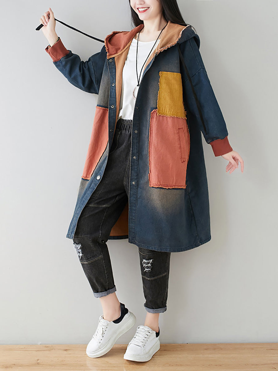 Women Autumn Artsy Colorblock Denim Hooded Coat AH1031 YTLSFZ