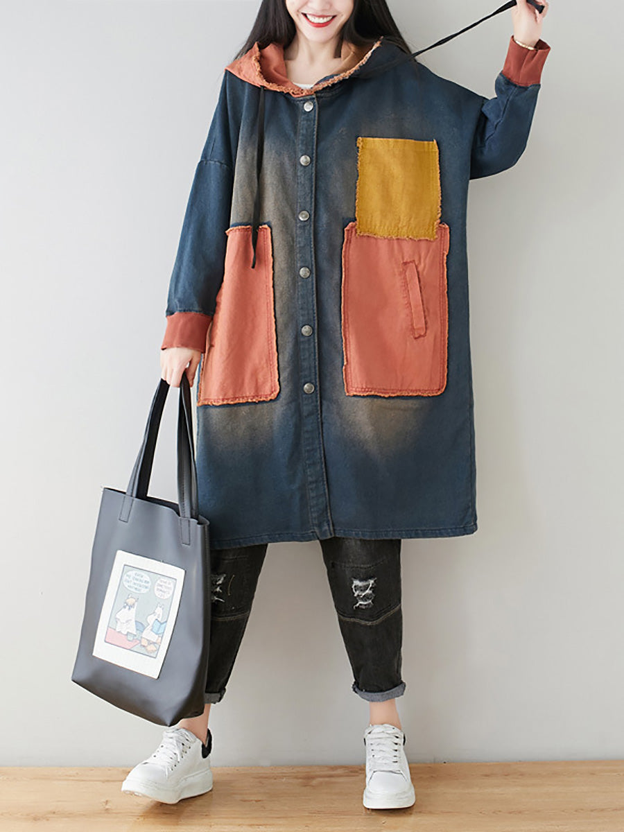 Women Autumn Artsy Colorblock Denim Hooded Coat AH1031 YTLSFZ