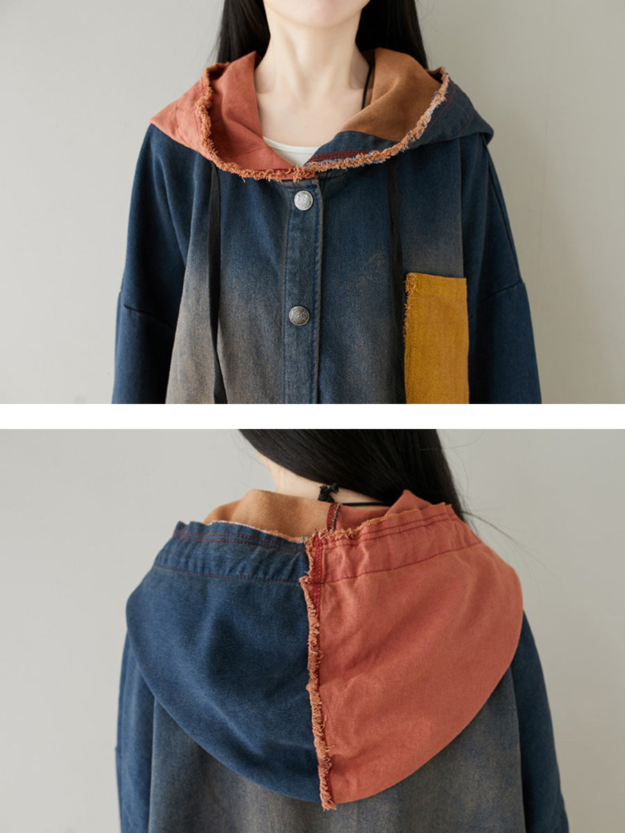 Women Autumn Artsy Colorblock Denim Hooded Coat AH1031 YTLSFZ