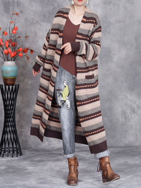 Women Autumn Lazy Stripe Knitted Cardigan Coat AH1051 ZSLS