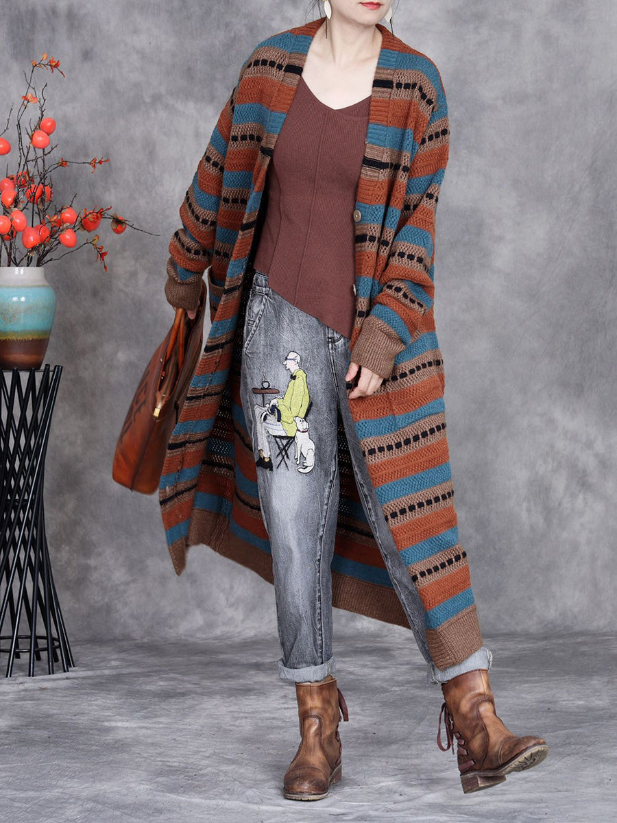Women Autumn Lazy Stripe Knitted Cardigan Coat AH1051 ZSLS