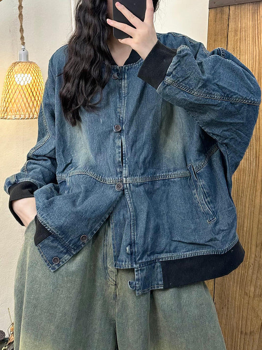 Women Autumn Casual Colorblock Denim Coat AH1039 BUYKUD