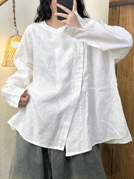 Women Autumn Casual Solid Slant Closure Linen Shirt AH1044 ZMMM