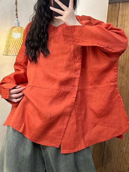 Women Autumn Casual Solid Slant Closure Linen Shirt AH1044 ZMMM