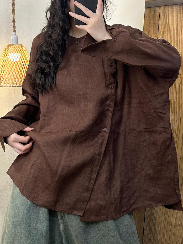 Women Autumn Casual Solid Slant Closure Linen Shirt AH1044 ZMMM