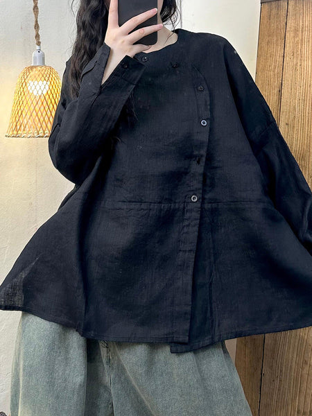 Women Autumn Casual Solid Slant Closure Linen Shirt AH1044 ZMMM