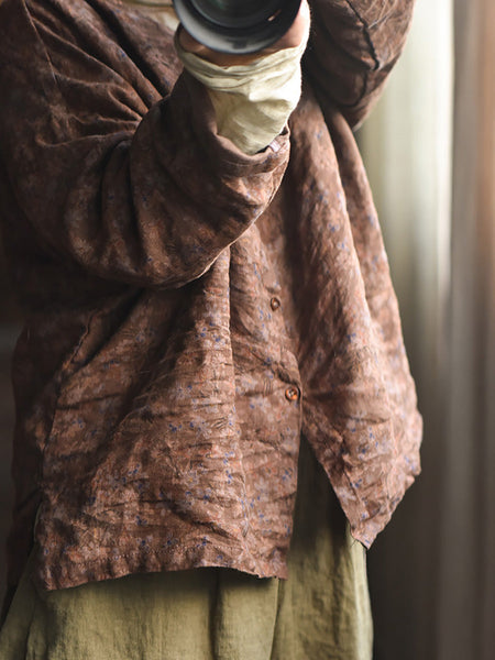 Women Vintage Autumn Flower Button-up Linen Shirt AH1014 BUYKUD