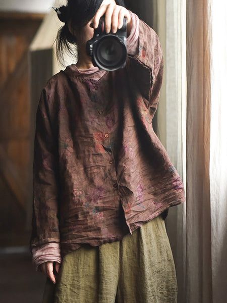 Women Vintage Autumn Flower Button-up Linen Shirt AH1014 BUYKUD