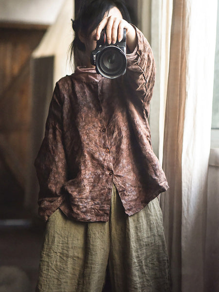 Women Vintage Autumn Flower Button-up Linen Shirt AH1014 BUYKUD